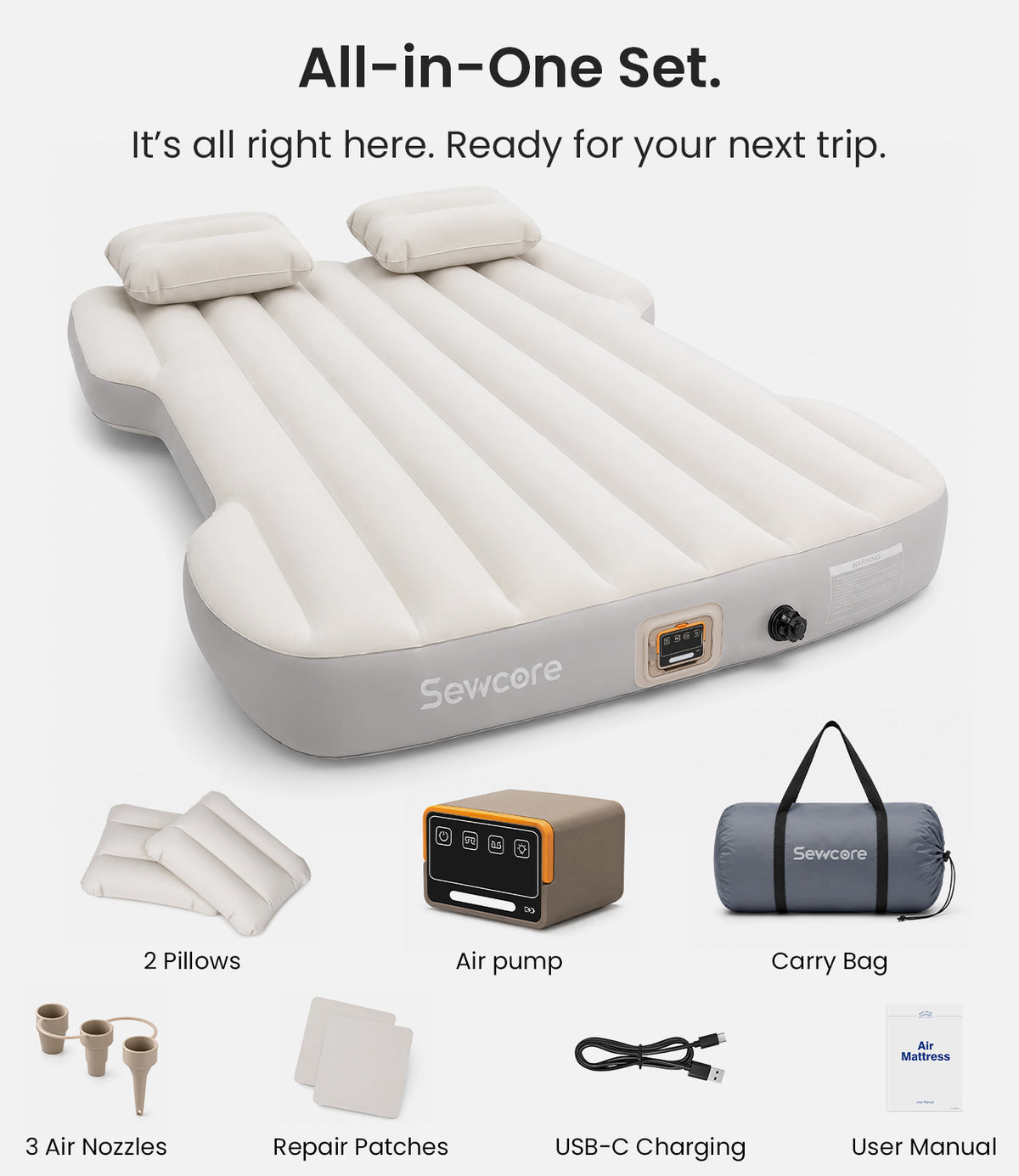 Hands-free removable rechargeable air pump for Tesla Model Y mattress