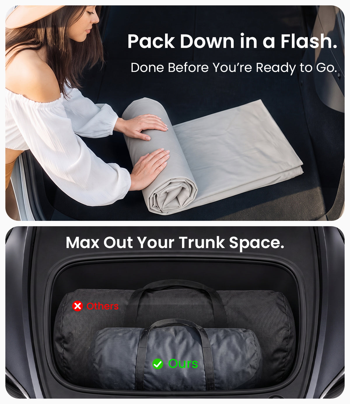 Tesla Model Y air mattress rolled into carry bag for compact trunk storage