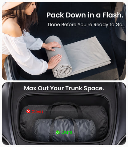Tesla Model Y air mattress rolled into carry bag for compact trunk storage